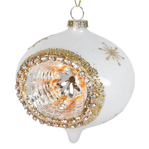 White and gold glass reflector snowflake onion ornament with glittery snowflake design and orange swirl crystals