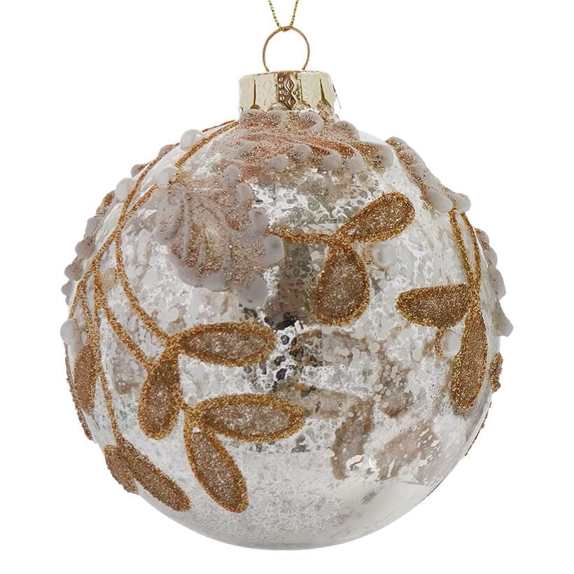 White & Gold Leaf Ball Ornament