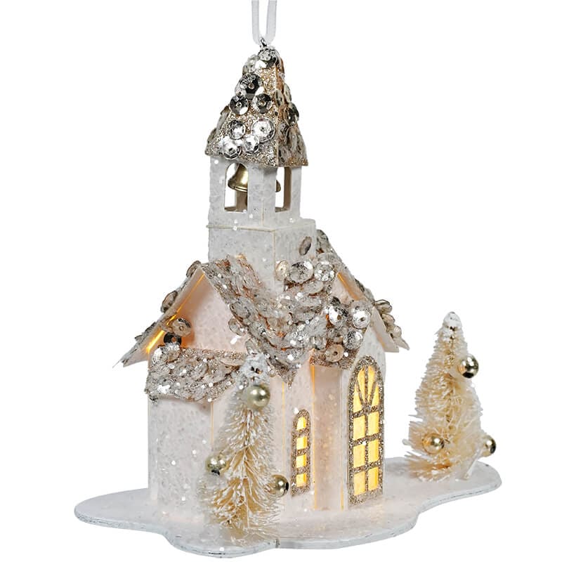 White & Gold Lighted Glittered Paper Church Ornament