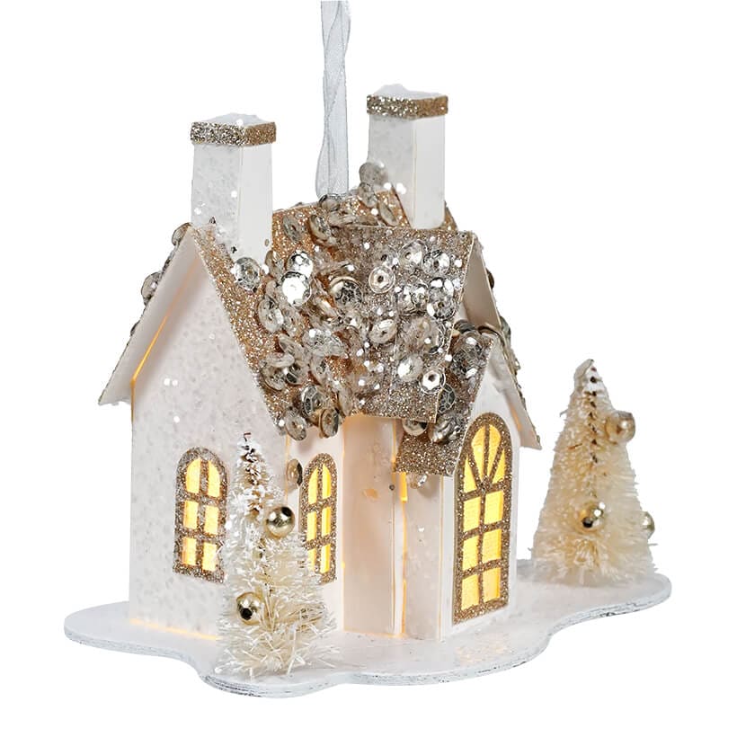 White & Gold Lighted Glittered Paper House Ornament