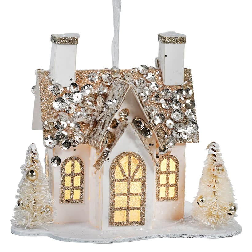 White & Gold Lighted Glittered Paper House Ornament