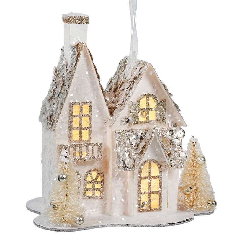 White & Gold Lighted Glittered Paper House Ornament