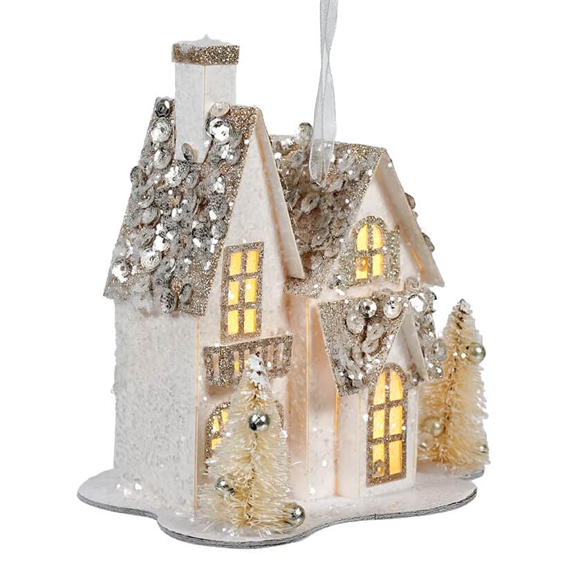 White & Gold Lighted Glittered Paper House Ornament