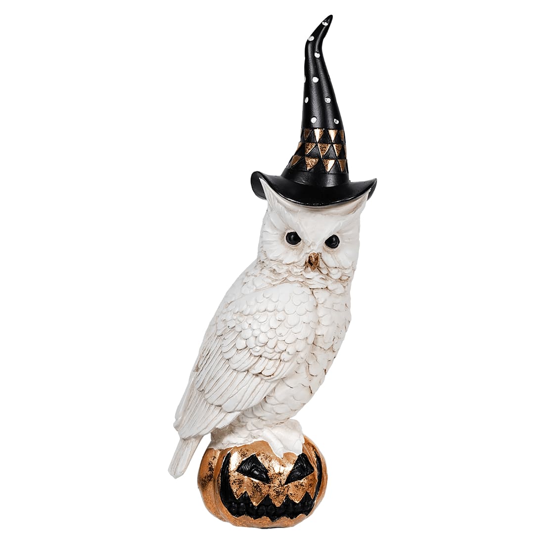 White & Gold Owl With Witch Hat On Jack O’Lantern - Halloween