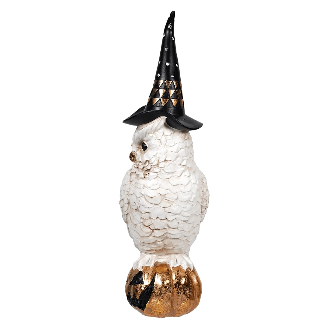 White & Gold Owl With Witch Hat On Jack O’Lantern - Halloween