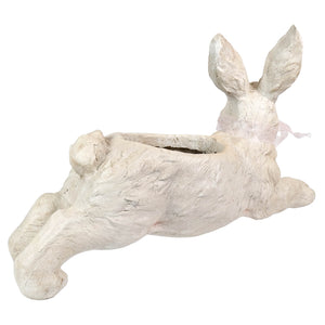 White leaping bunny planter with textured finish and subtle pink ribbon vintage easter bunny figural decor