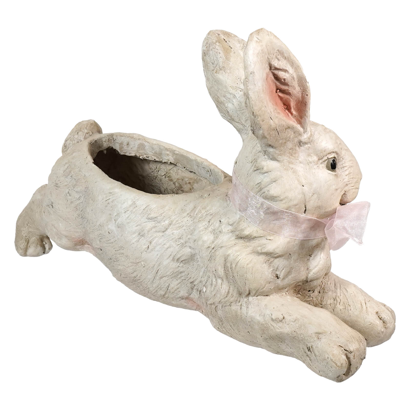 White leaping bunny planter with distressed finish and pink ribbon perfect vintage easter bunny figural decor