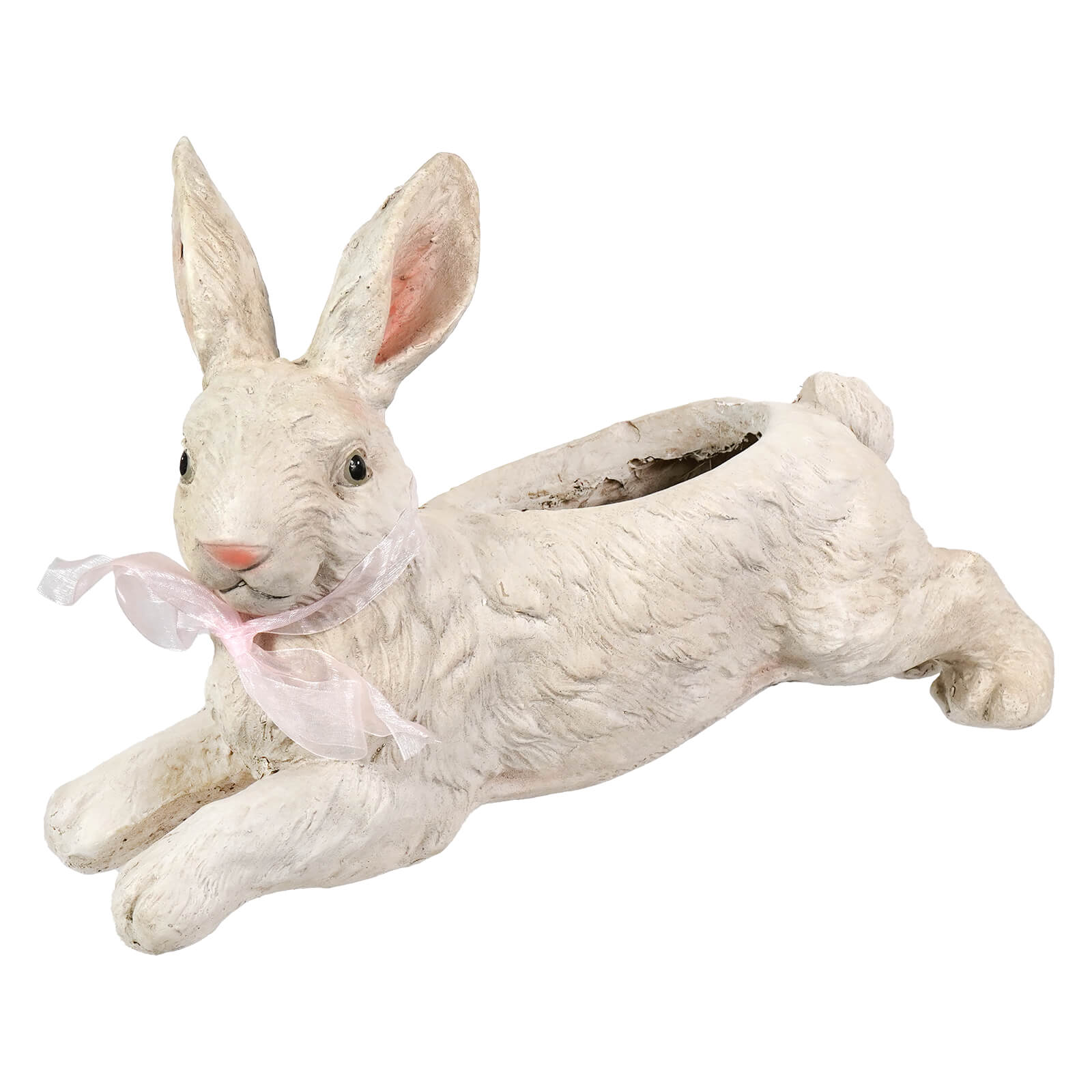 White leaping bunny ceramic planter with pink ribbon and open slot for plants perfect vintage easter bunny figural decor