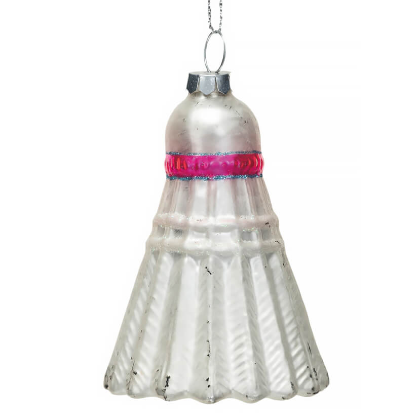 Shuttlecock-shaped Christmas ornament with a silver body and pink band.