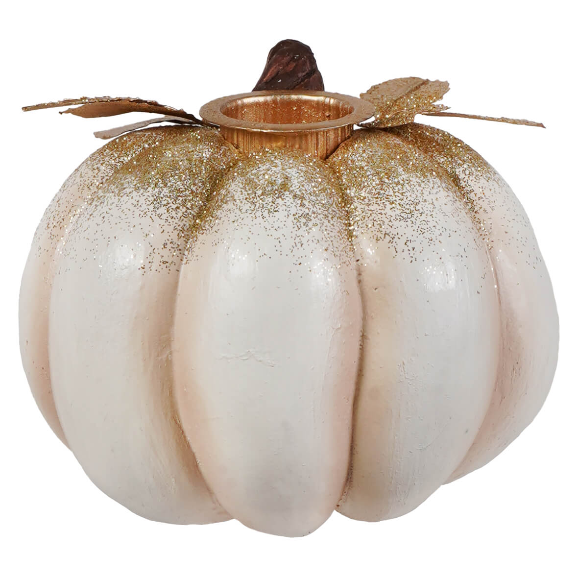 White pumpkin candlestick with gold glitter accents and faux leaves perfect for halloween candles and candle holders