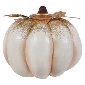 White pumpkin candlestick with gold glitter accents and faux leaves perfect for halloween candles and candle holders