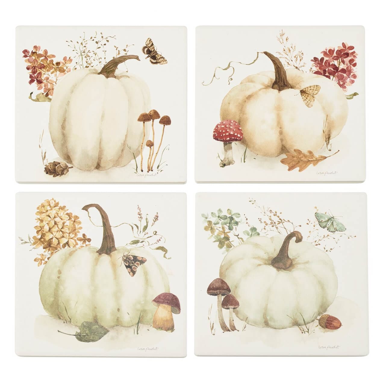 White Pumpkin & Fall Foliage Coasters Set/4 - Thanksgiving