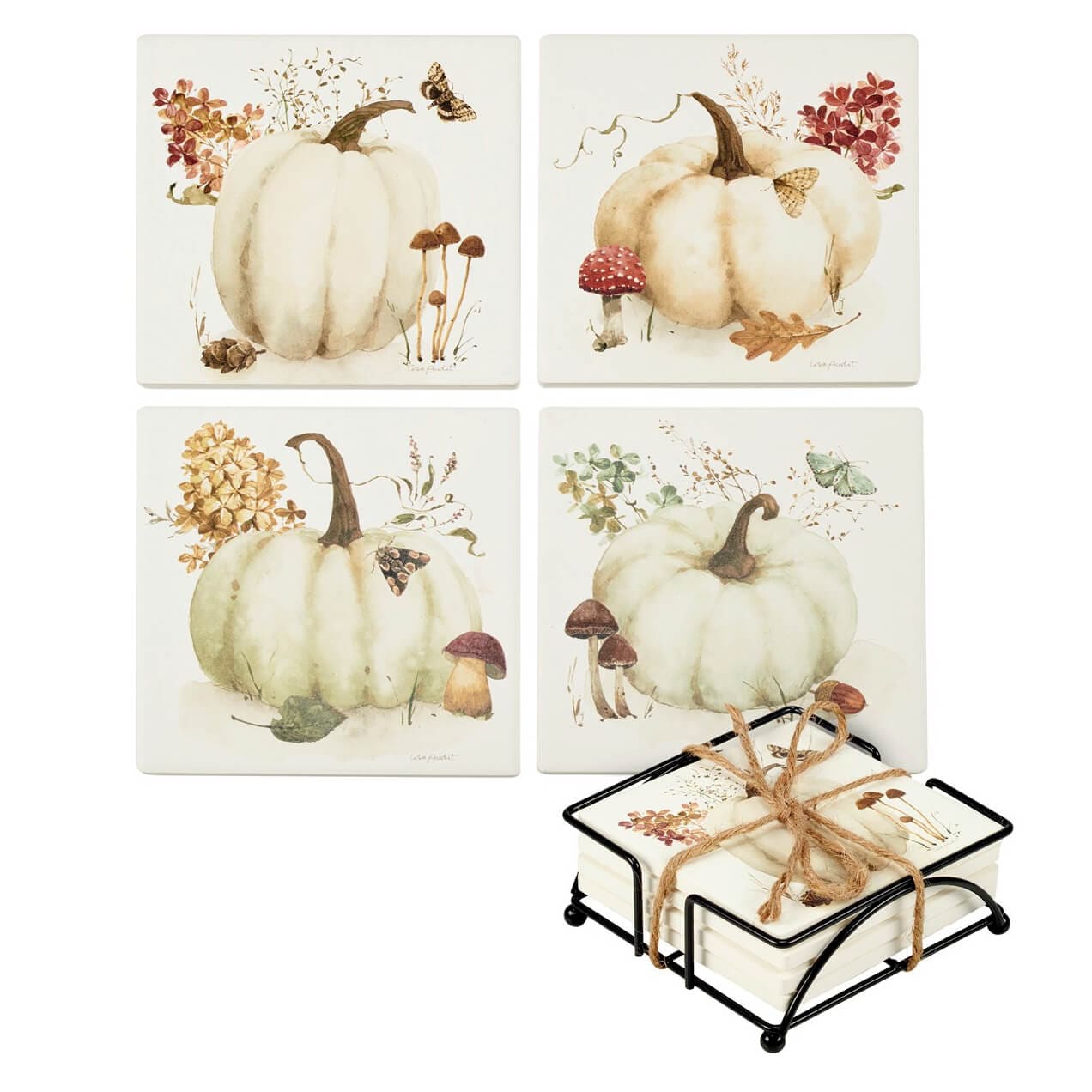 White Pumpkin & Fall Foliage Coasters Set/4 - Thanksgiving