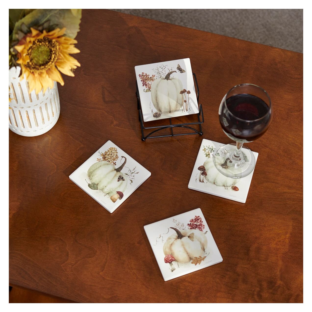 White Pumpkin & Fall Foliage Coasters Set/4 - Thanksgiving