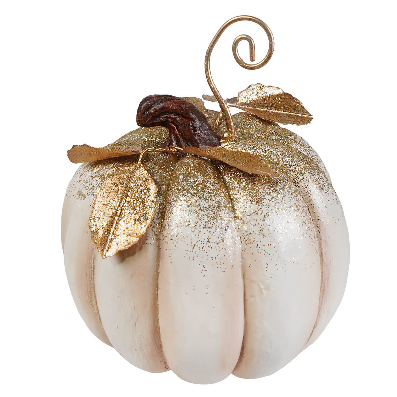 White pumpkin placecard holder ornament with glittery white finish gold leaf accents and metallic stem perfect for halloween pumpkins and gourds table decor