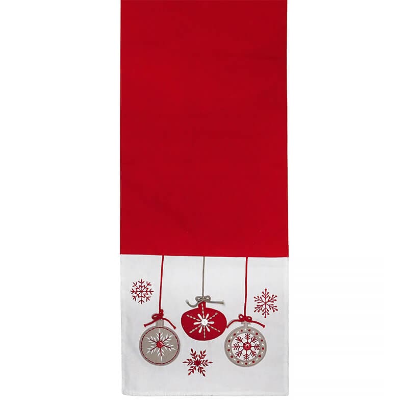 White & Red Cotton Runner With Felt Ornaments & Snowflakes