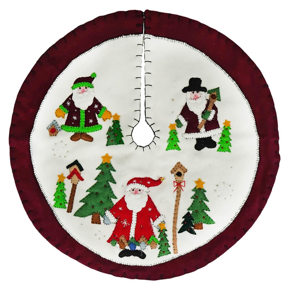 White & Red Three Santas Tree Skirt With Birdhouses