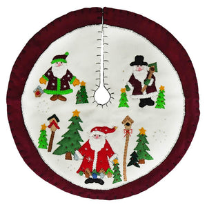 White & Red Three Santas Tree Skirt With Birdhouses