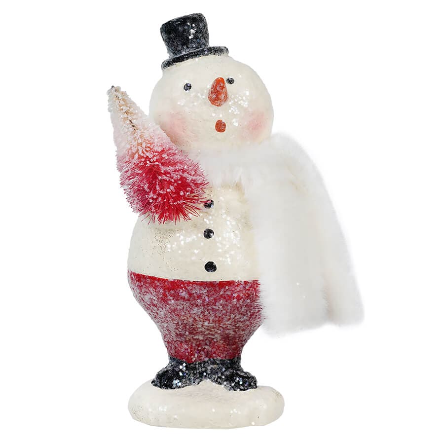 White Scarf Snowman Holding Red & Cream Tree