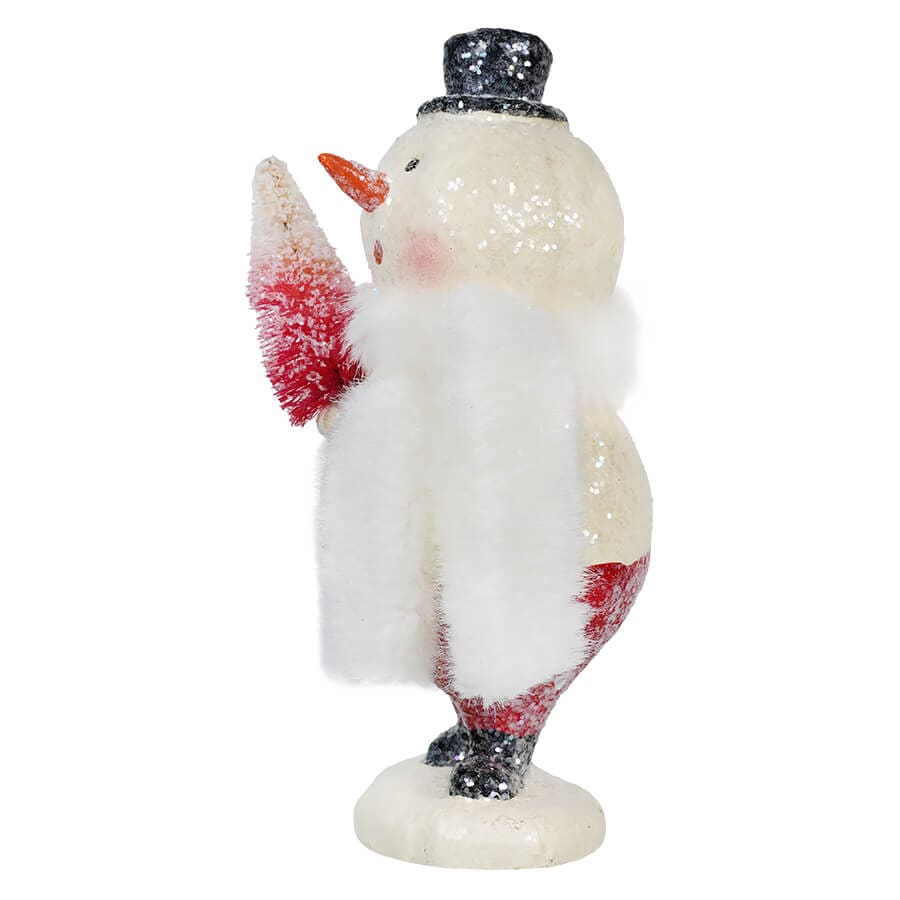 White Scarf Snowman Holding Red & Cream Tree