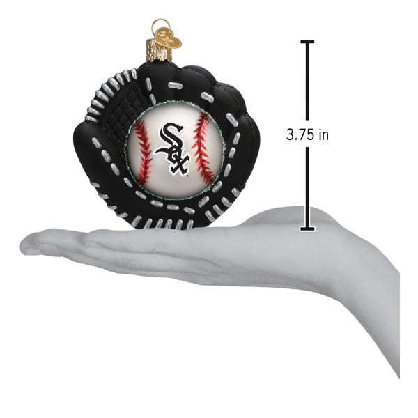 Black white sox baseball mitt ornament with white baseball and red stitching perfect christmas glass ornament