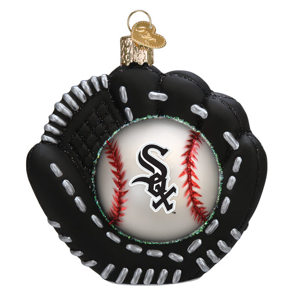 Black sox baseball mitt ornament with white baseball and red stitching perfect as a christmas glass ornament