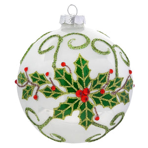White With Holly Leaves & Red Jewels Design Glass Ornament