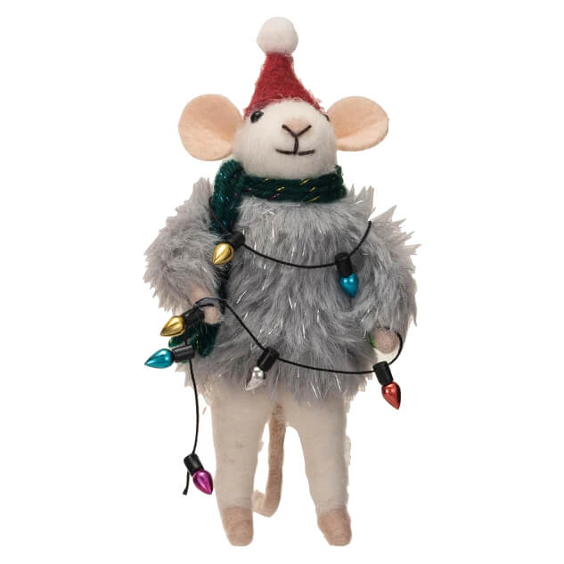 Felt mouse figurine wearing a Santa hat and wrapped in Christmas lights.