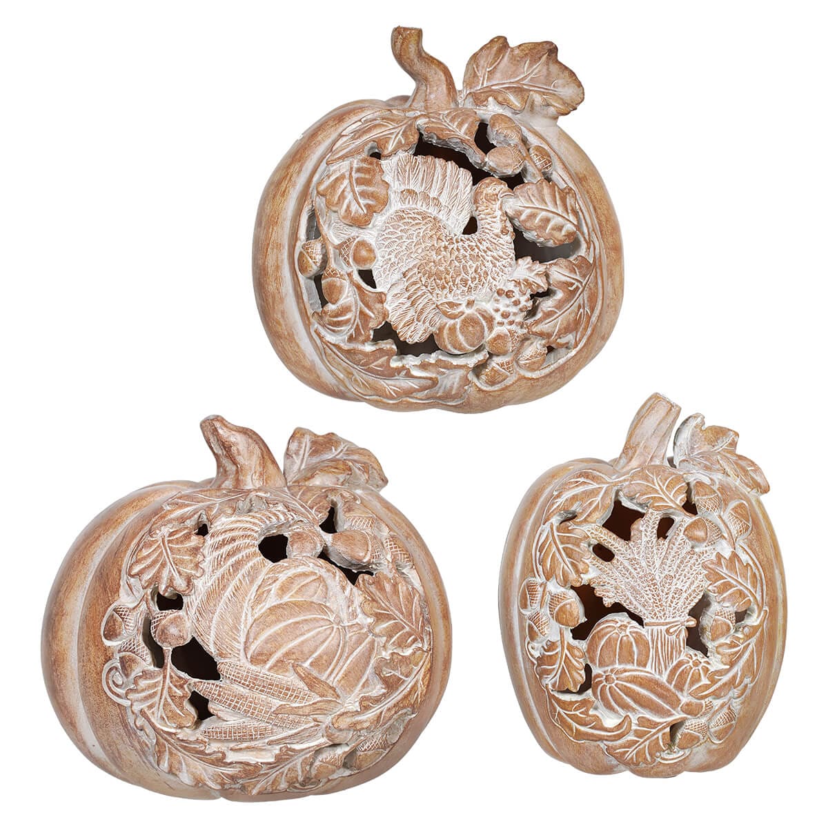 Whitewashed Wood Grain Cutout Pumpkins Set/3