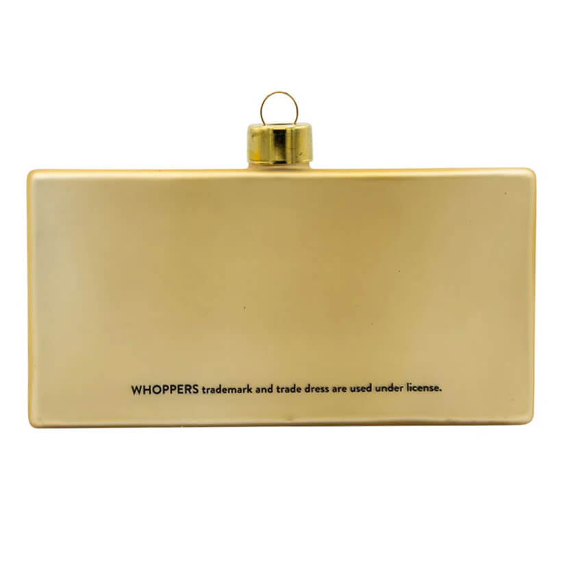 Gold-colored rectangular metallic whoppers candy box ornament with small loop official licensed ornament