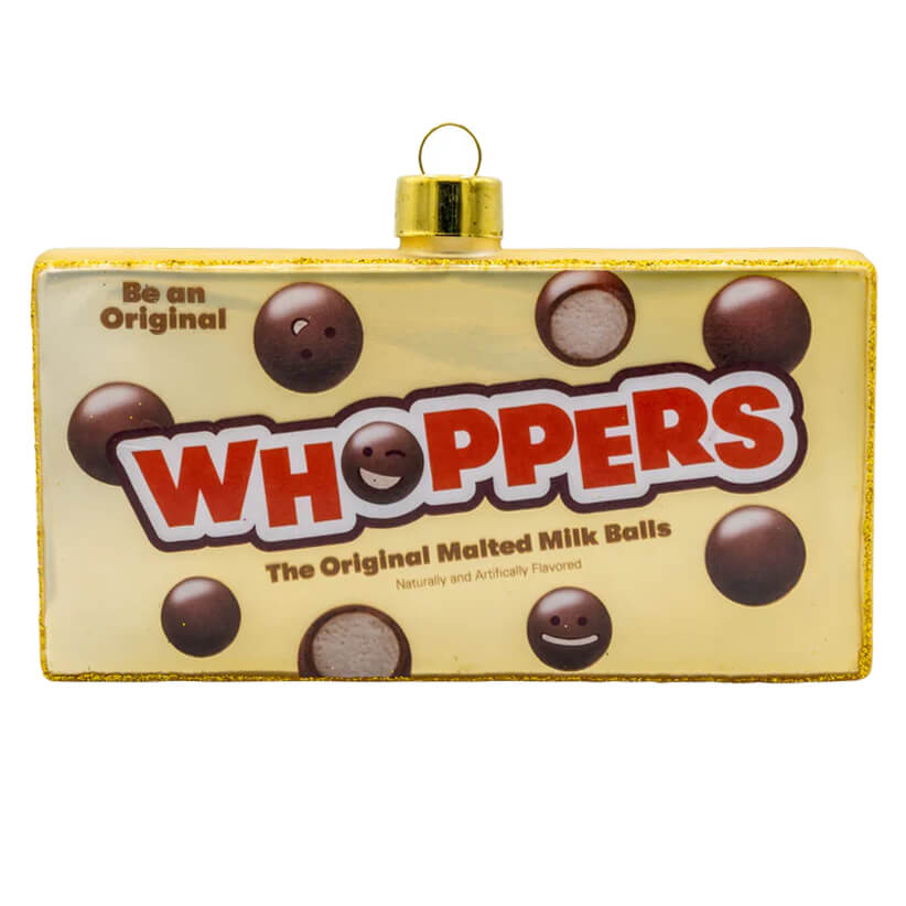 Glossy gold-edged glass whoppers candy box ornament with smiling chocolate balls official licensed ornament