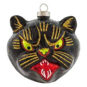 Wicked whiskers black cat ornament black glass with glittery gold stripes lime green eyes nose red mouth white fangs candy ornament