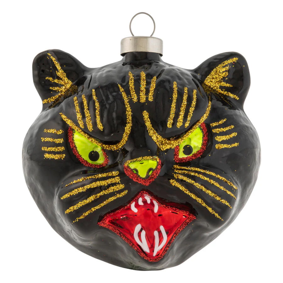 Wicked whiskers black cat ornament black glass with glittery gold stripes lime green eyes nose red mouth white fangs candy ornament