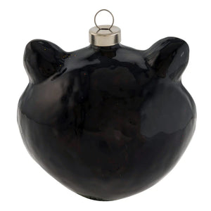 Black glossy ceramic wicked whiskers black cat ornament with metallic silver cap perfect as a witch pez ornament