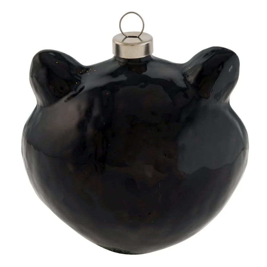 Black glossy ceramic wicked whiskers black cat ornament with metallic silver cap perfect as a witch pez ornament