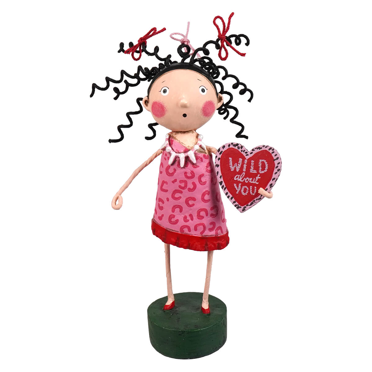 Wild about you lori mitchell folk art figurine with pink red dress black wire curls holding heart sign from family-owned store