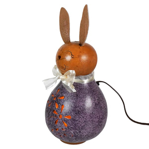 Purple medium lighted bunny gourd with orange flower cutouts brown ears and white ribbon perfect easter bunny decor