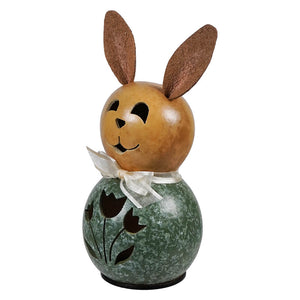 A charming willow bunny gourd lantern with brown ears green body and black tulip cutouts by meadowbrooke gourds