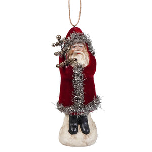 Red velvet santa velvet belsnickle ornament with silver tinsel trim and gold bells perfect for santa ornaments collection