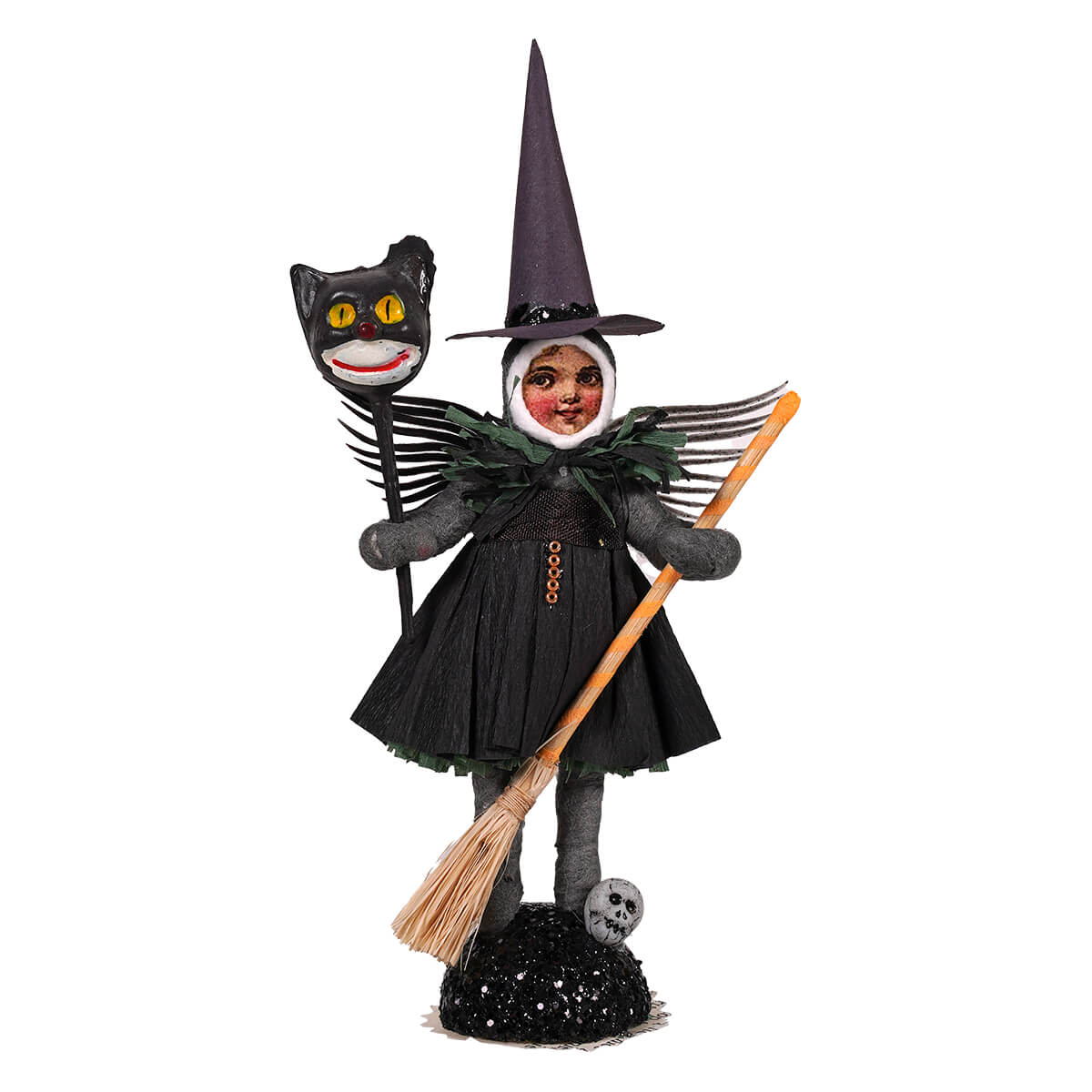 Winged witch figure featuring a spun cotton witch with black cat mask and broom perfect for halloween decor