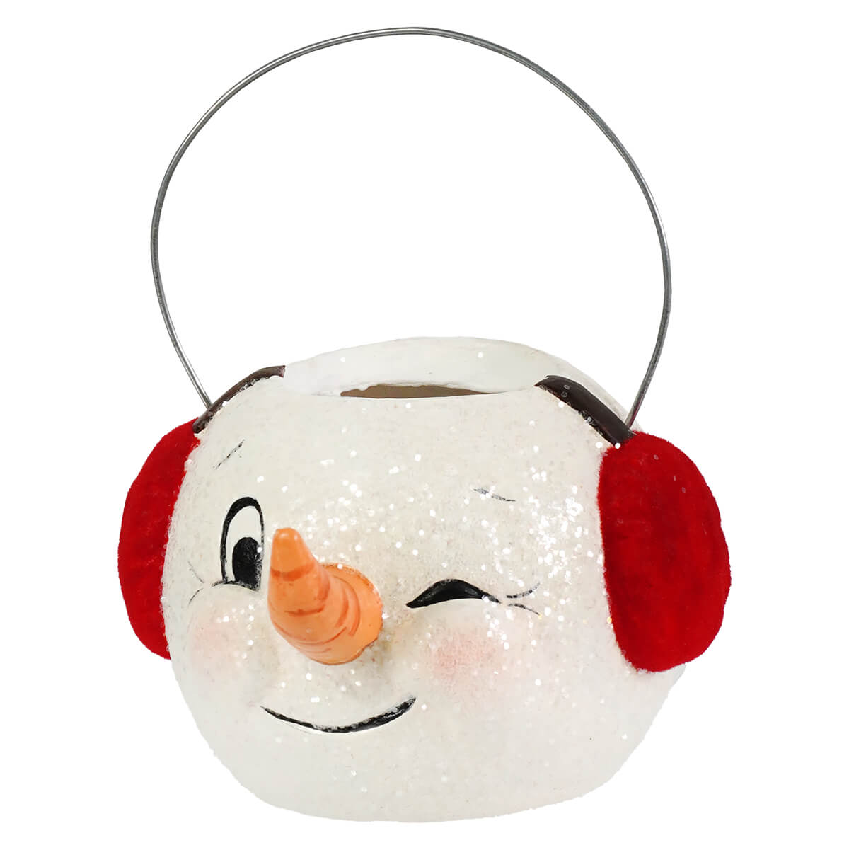 White glittery snowman bucket with red earmuffs and carrot nose perfect for christmas buckets and lanterns use