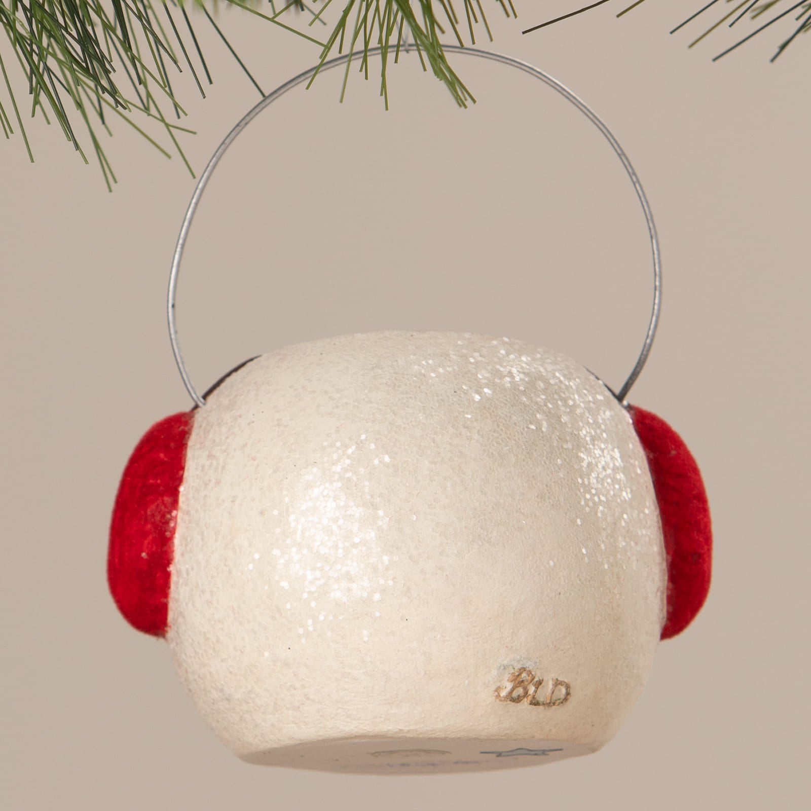 White glittery marshmallow snowman bucket ornament with red ears and silver hanger for christmas buckets and lanterns