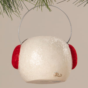 White glittery marshmallow snowman bucket ornament with red ears and silver hanger for christmas buckets and lanterns