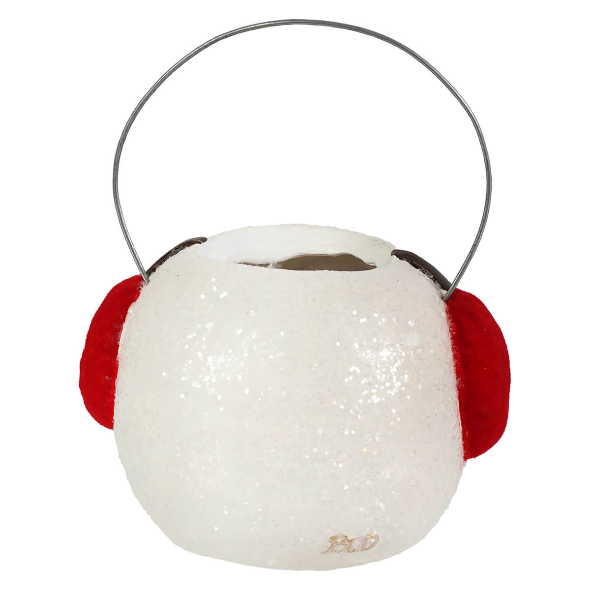 White glittery felt snowman bucket with red earflaps and silver wire handle perfect for christmas buckets and lanterns