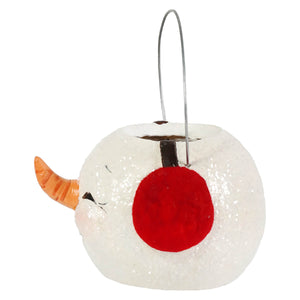 White glittery snowman bucket ornament with red nose and carrot mouth hanging from wire for christmas buckets and lanterns