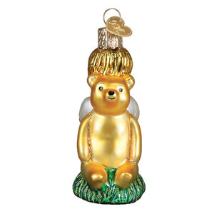 Golden glass angel bear christopher robin ornament with glittery wings and textured green base for world christmas glass decor