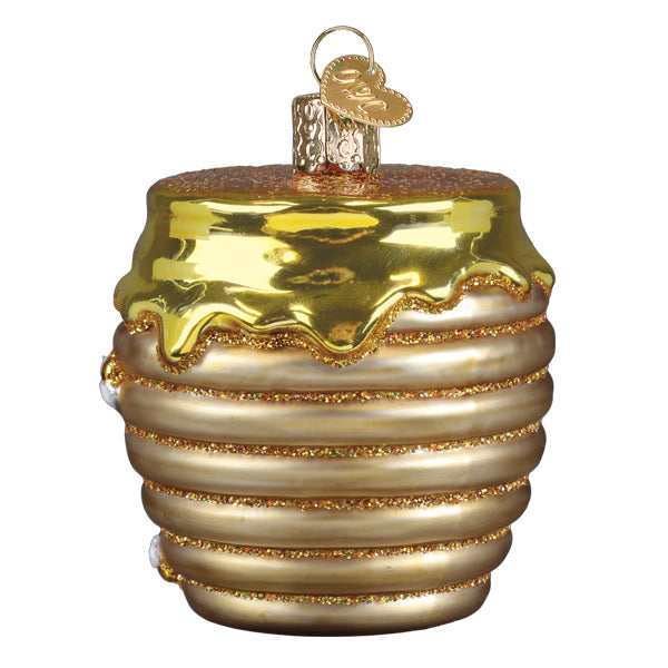 Golden honeycomb friends honey pot christmas glass ornament with glittery stripes and heart tag for world christmas glass collection