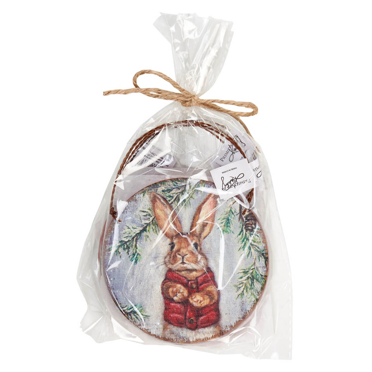 Decorative plate featuring a painted rabbit in a red coat surrounded by pine branches, packaged in a clear gift bag tied with twine.