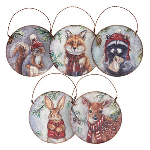 Set of five circular Christmas ornaments featuring whimsical winter animal portraits.