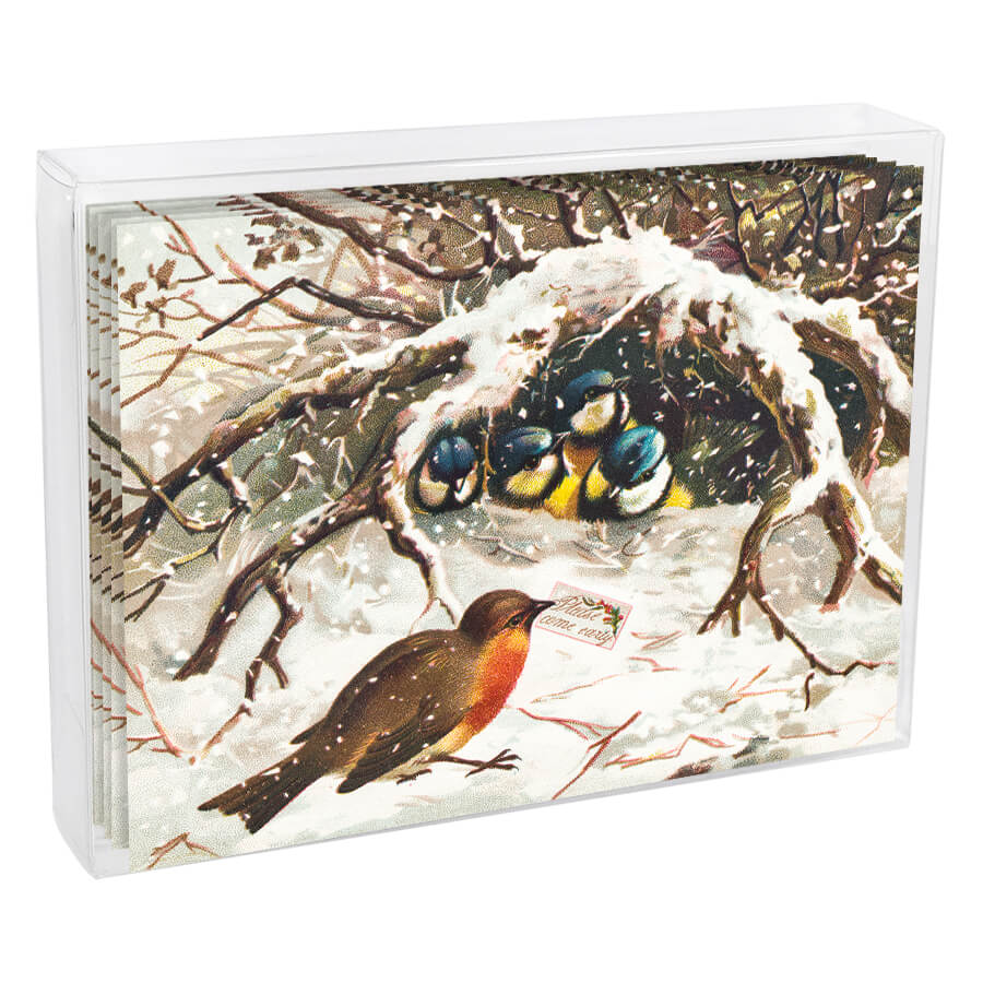 Jigsaw puzzle box featuring a winter scene with birds sheltering in a snowy tree hollow.